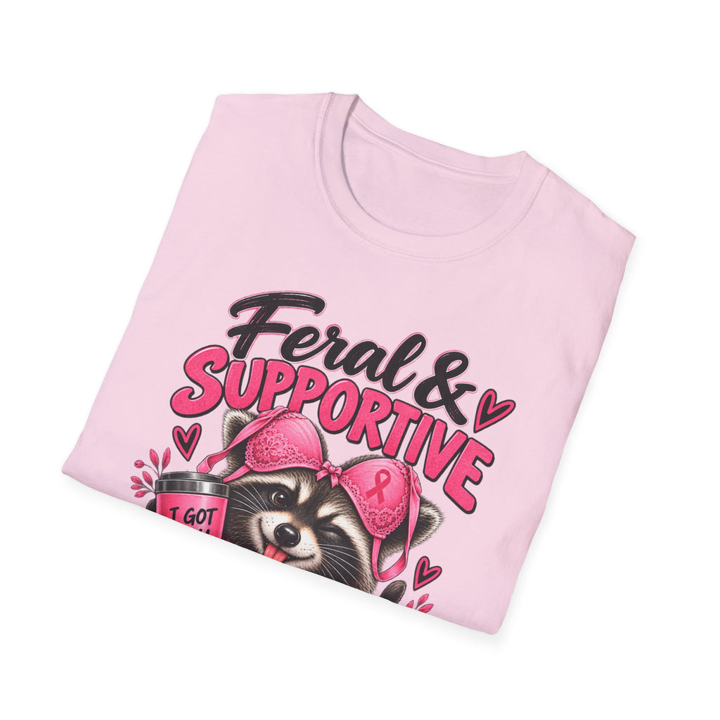 Feral & Supportive Raccoon Breast Cancer Awareness T-Shirt