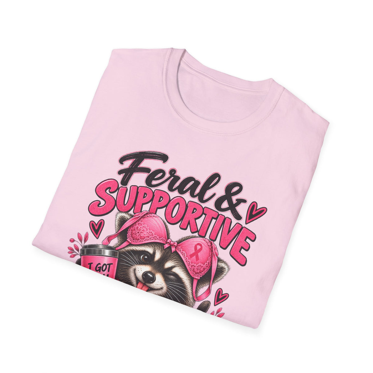 Feral & Supportive Raccoon Breast Cancer Awareness T-Shirt