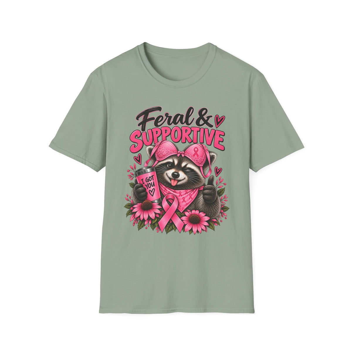 Feral & Supportive Raccoon Breast Cancer Awareness T-Shirt