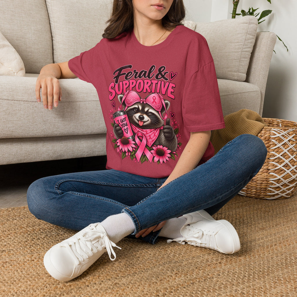 Feral & Supportive Raccoon Breast Cancer Awareness T-Shirt
