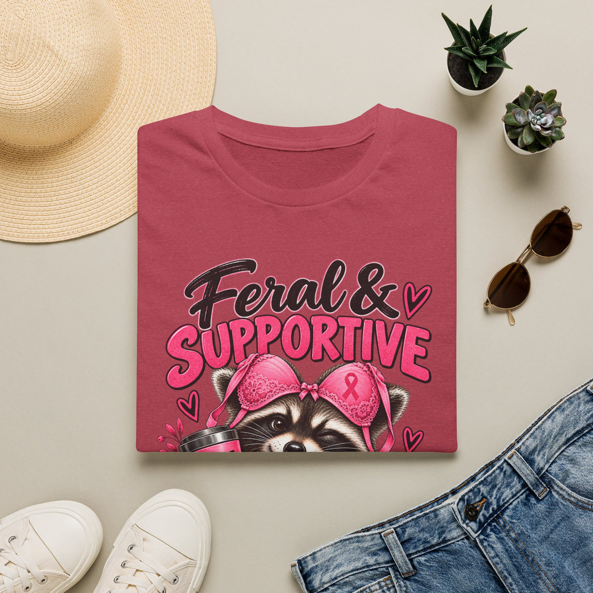 Feral & Supportive Raccoon Breast Cancer Awareness T-Shirt