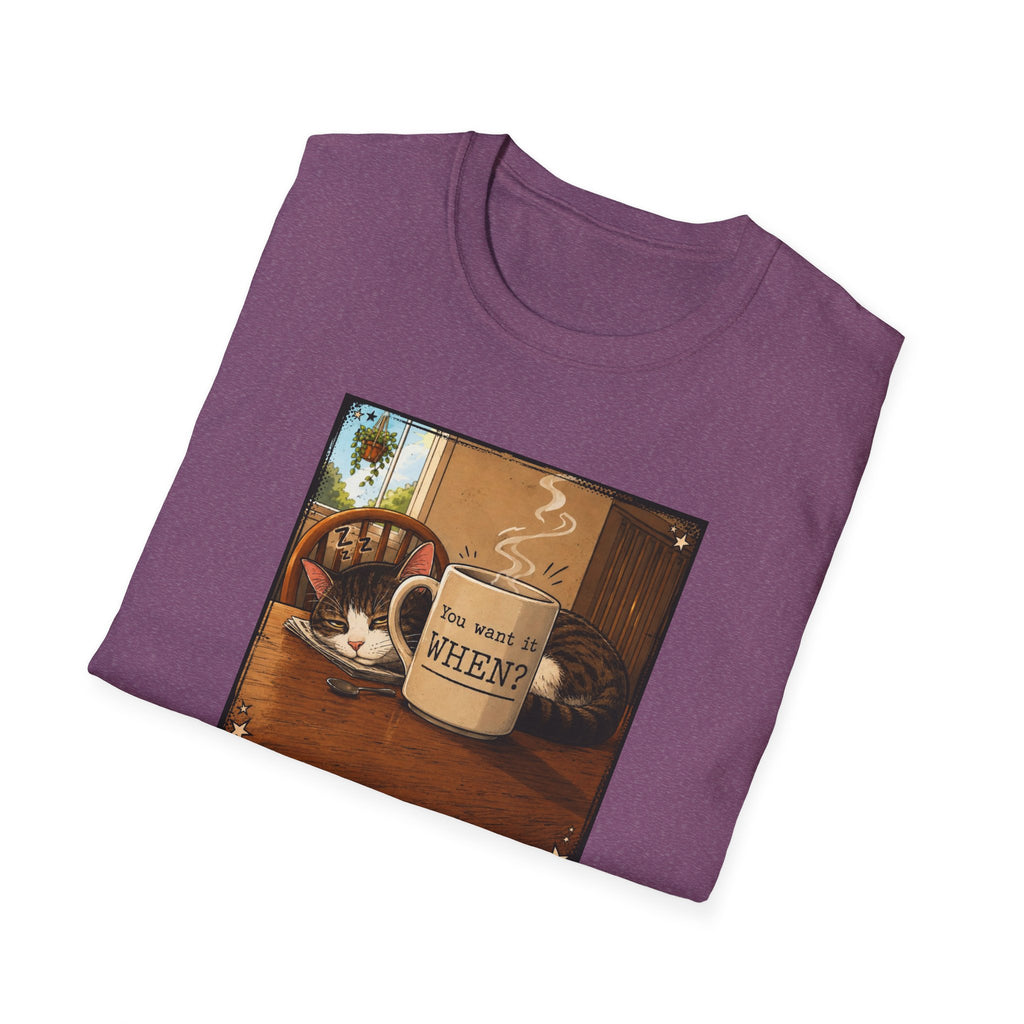 Coffee & Cat T‑Shirt — "You want it WHEN?" Vintage Cozy Mug Tee