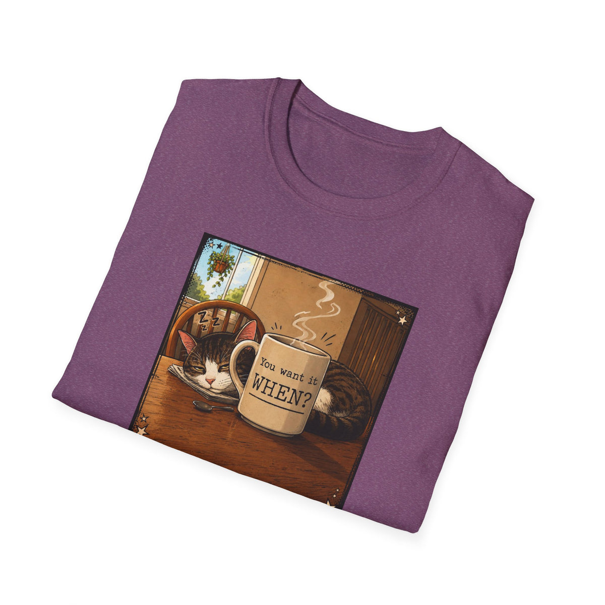 Coffee & Cat T‑Shirt — "You want it WHEN?" Vintage Cozy Mug Tee