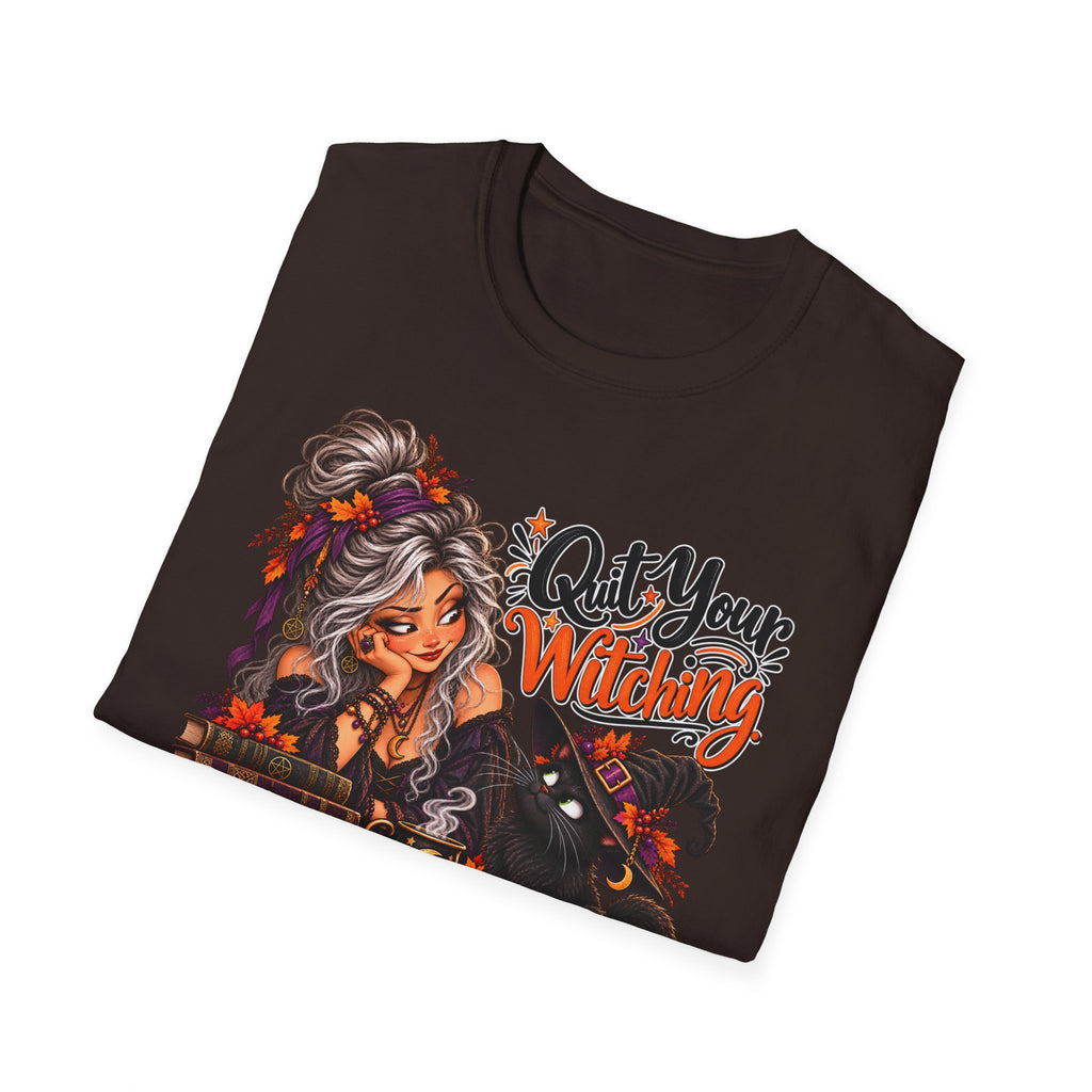 Quit Your Witching T-Shirt – Halloween Witch & Black Cat Pumpkin Tee