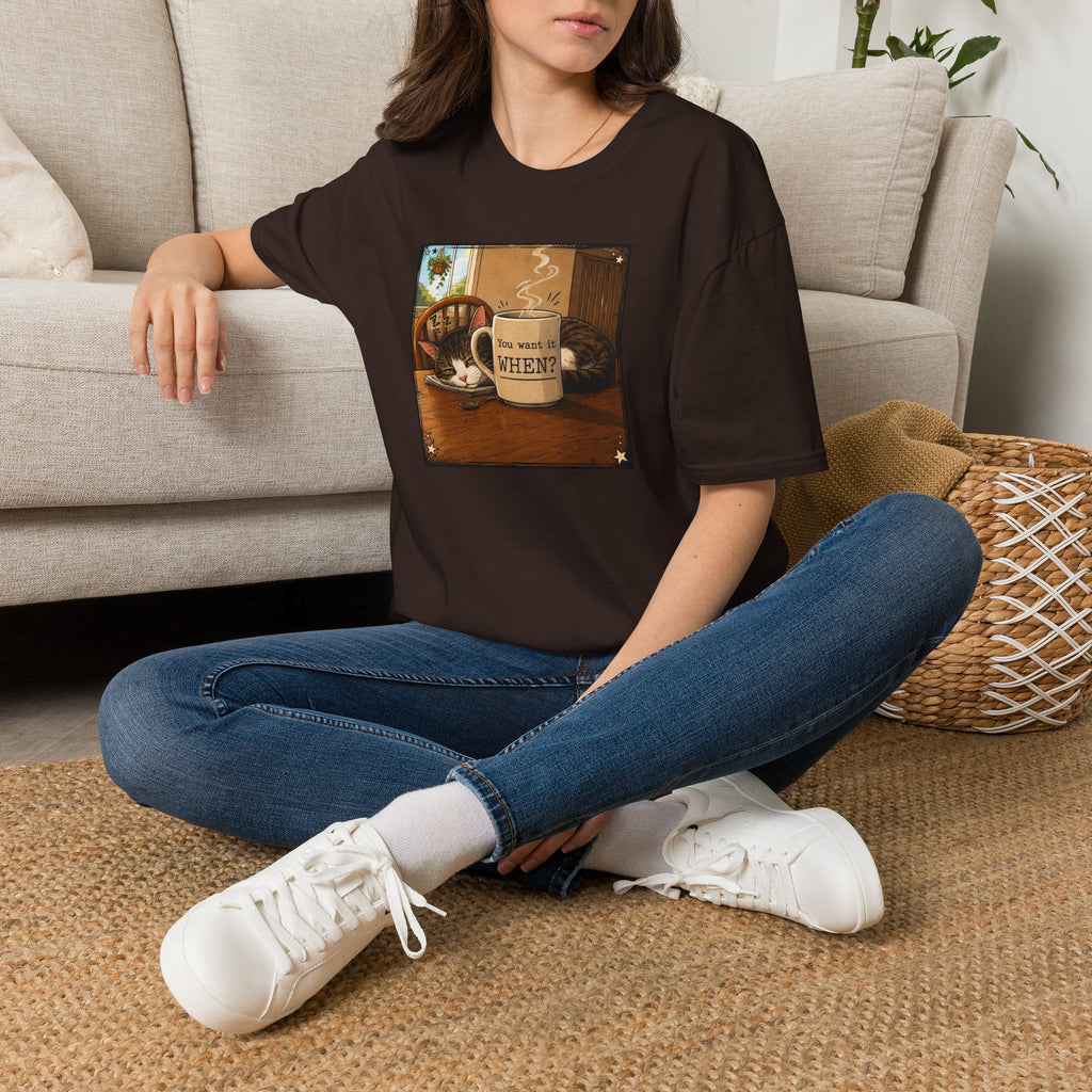Coffee & Cat T‑Shirt — "You want it WHEN?" Vintage Cozy Mug Tee