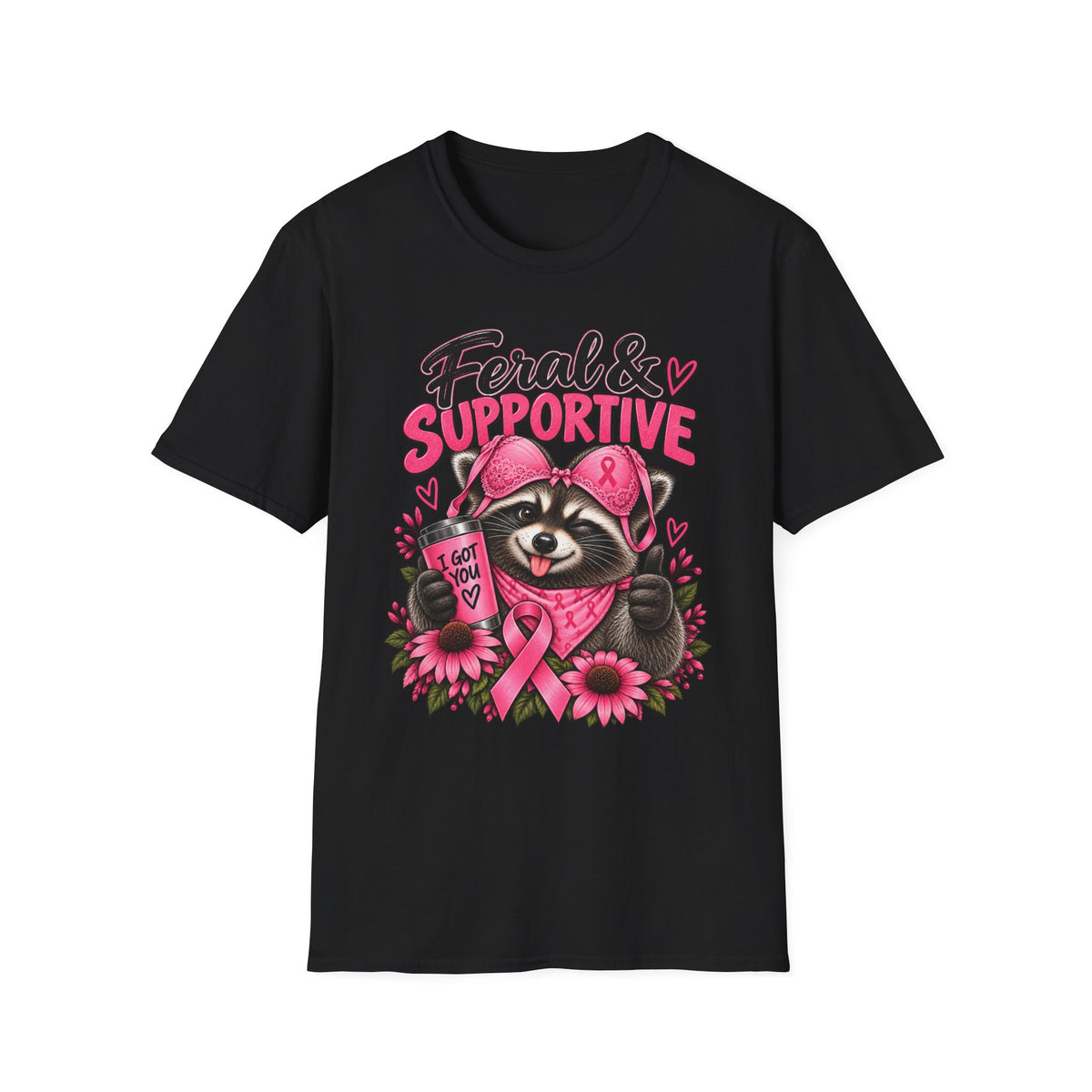 Feral & Supportive Raccoon Breast Cancer Awareness T-Shirt