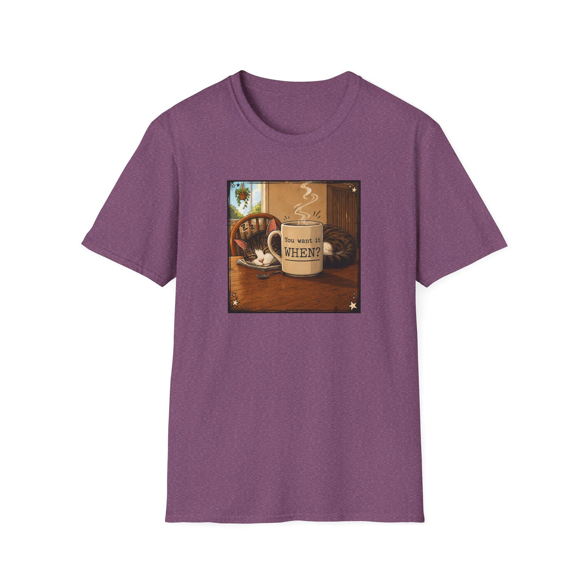 Coffee & Cat T‑Shirt — "You want it WHEN?" Vintage Cozy Mug Tee