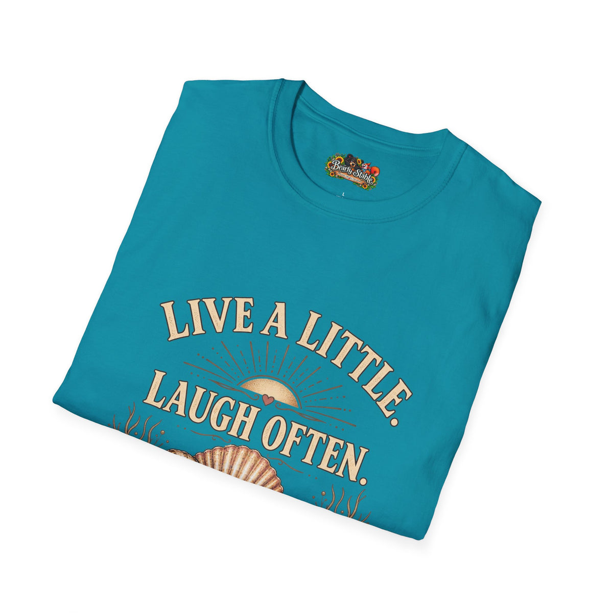 Live a Little Laugh Often Find More Shells T-Shirt – Beachy Seashell Retro Tee
