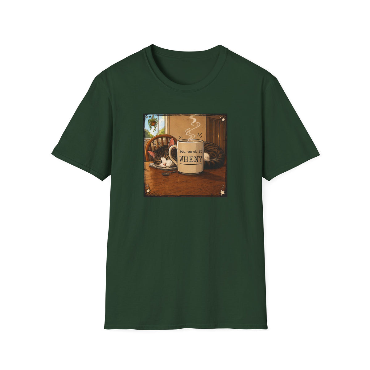 Coffee & Cat T‑Shirt — "You want it WHEN?" Vintage Cozy Mug Tee