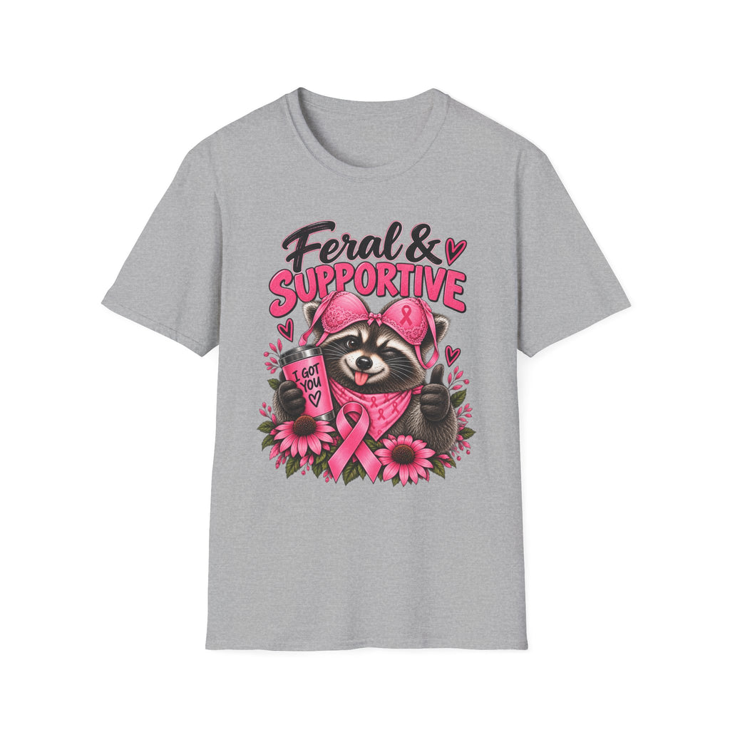 Feral & Supportive Raccoon Breast Cancer Awareness T-Shirt