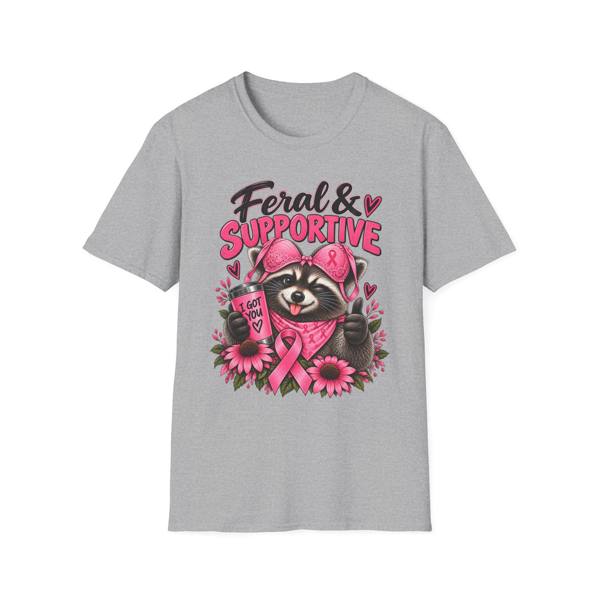 Feral & Supportive Raccoon Breast Cancer Awareness T-Shirt