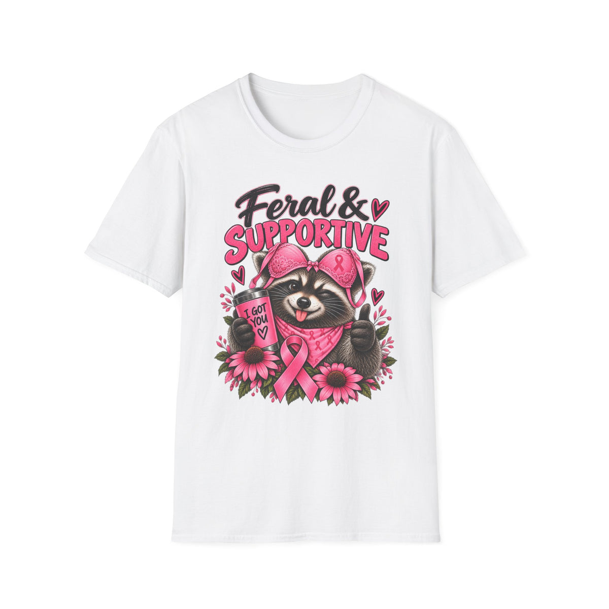 Feral & Supportive Raccoon Breast Cancer Awareness T-Shirt