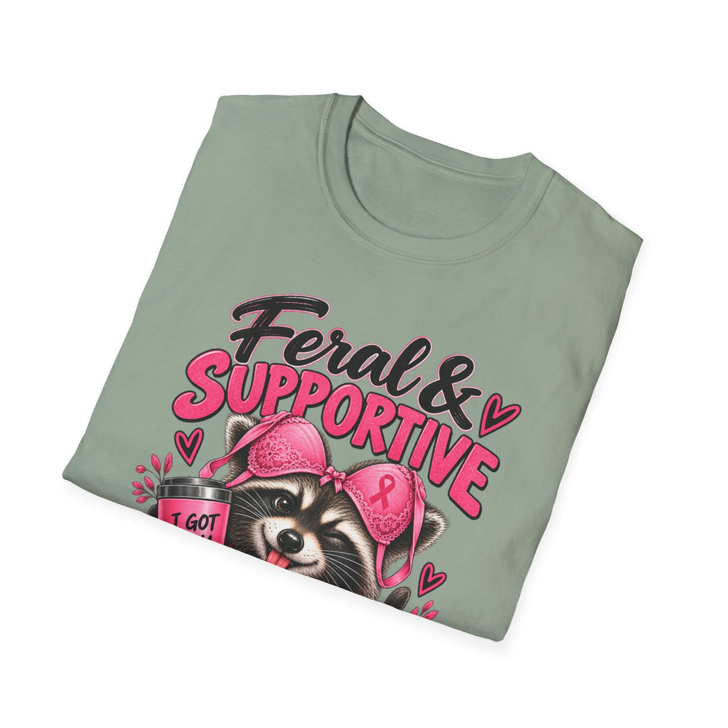 Feral & Supportive Raccoon Breast Cancer Awareness T-Shirt