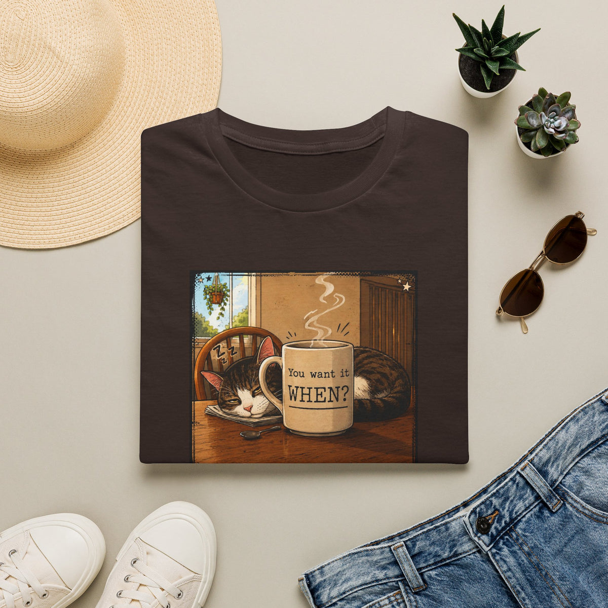 Coffee & Cat T‑Shirt — "You want it WHEN?" Vintage Cozy Mug Tee