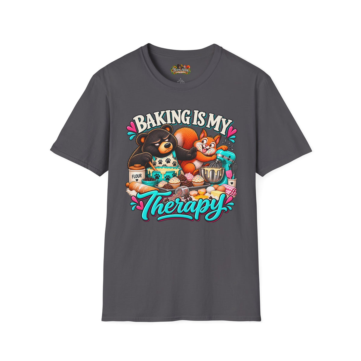 Baking Is My Therapy T-Shirt — Cute Baking Bear and Squirrel Chef Graphic Tee