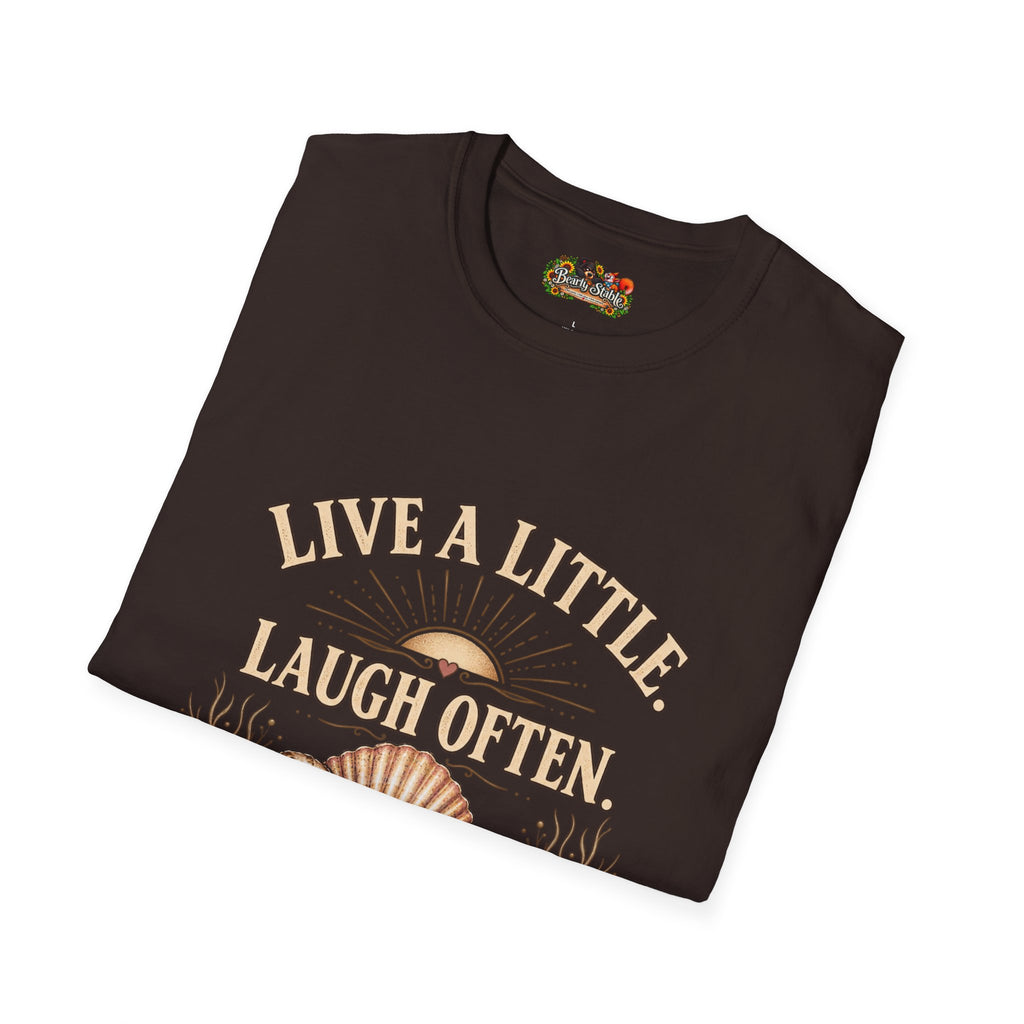 Live a Little Laugh Often Find More Shells T-Shirt – Beachy Seashell Retro Tee