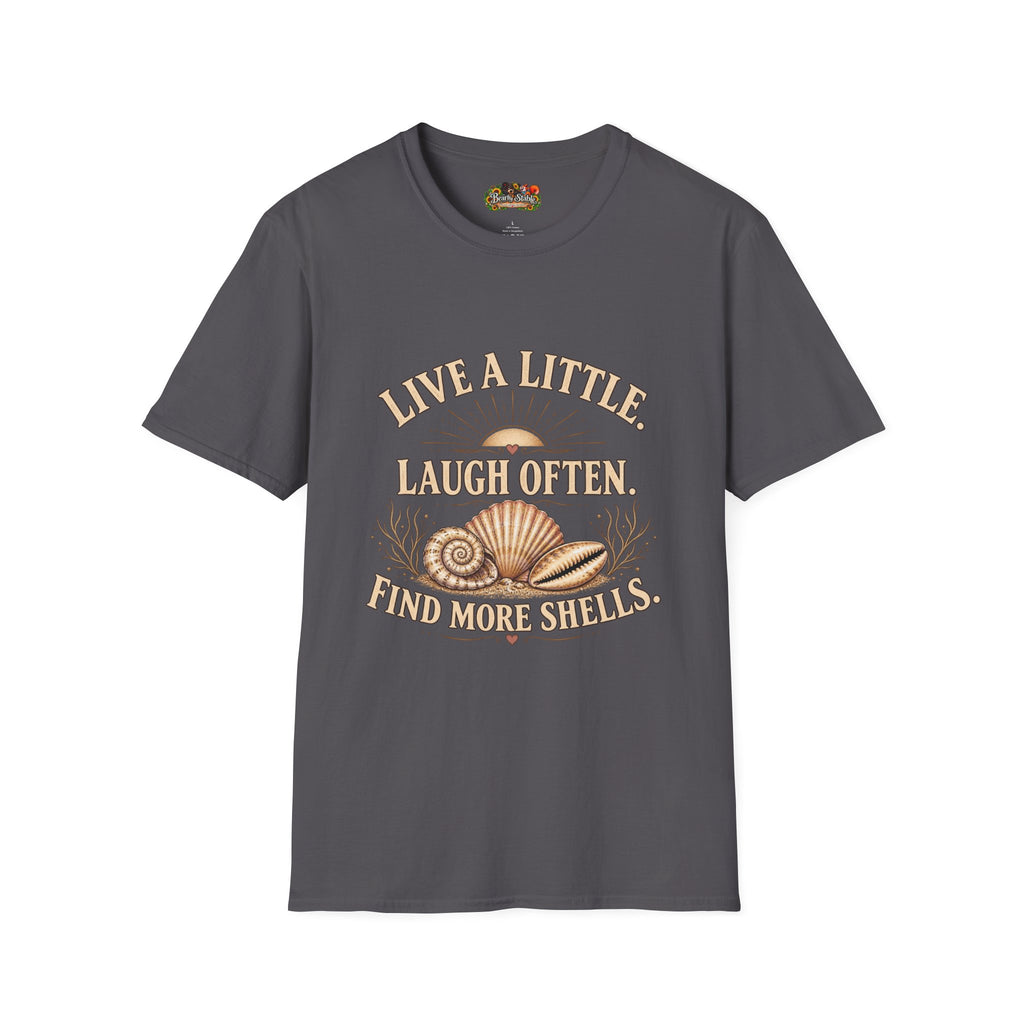 Live a Little Laugh Often Find More Shells T-Shirt – Beachy Seashell Retro Tee