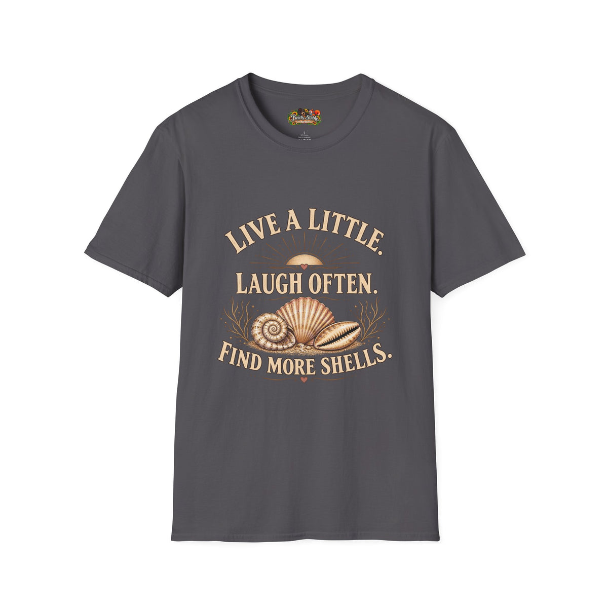 Live a Little Laugh Often Find More Shells T-Shirt – Beachy Seashell Retro Tee