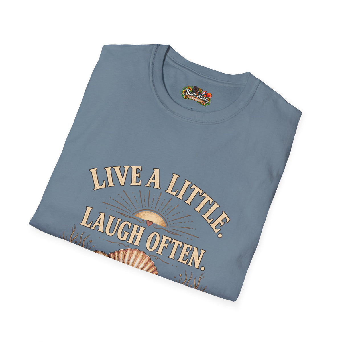 Live a Little Laugh Often Find More Shells T-Shirt – Beachy Seashell Retro Tee