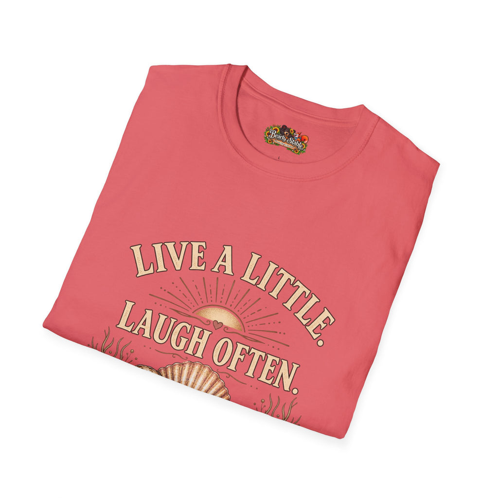 Live a Little Laugh Often Find More Shells T-Shirt – Beachy Seashell Retro Tee