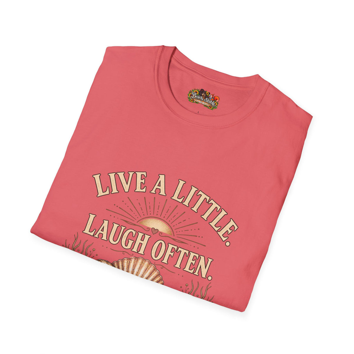 Live a Little Laugh Often Find More Shells T-Shirt – Beachy Seashell Retro Tee