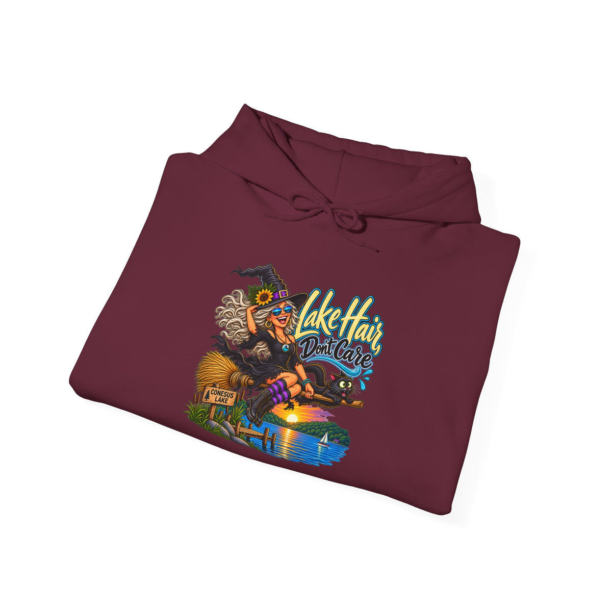 Lake Hair Hoodie - Witch & Lake Sunset Graphic Hooded Sweatshirt