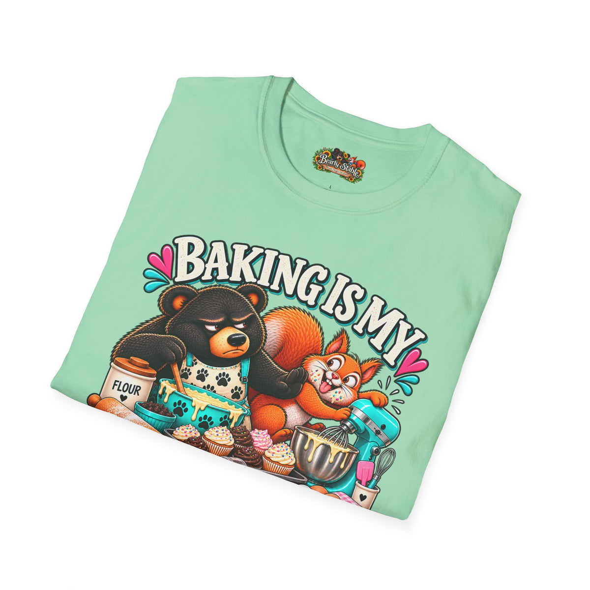 Baking Is My Therapy T-Shirt — Cute Baking Bear and Squirrel Chef Graphic Tee