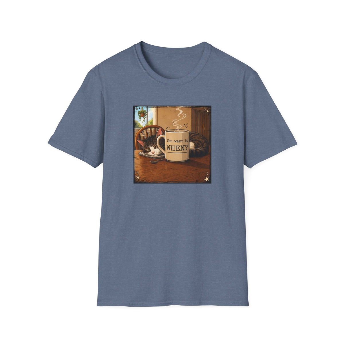 Coffee & Cat T‑Shirt — "You want it WHEN?" Vintage Cozy Mug Tee