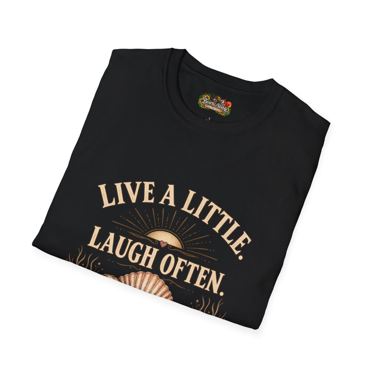 Live a Little Laugh Often Find More Shells T-Shirt – Beachy Seashell Retro Tee
