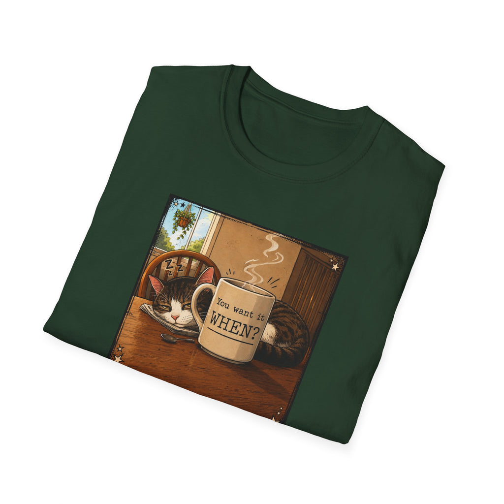 Coffee & Cat T‑Shirt — "You want it WHEN?" Vintage Cozy Mug Tee