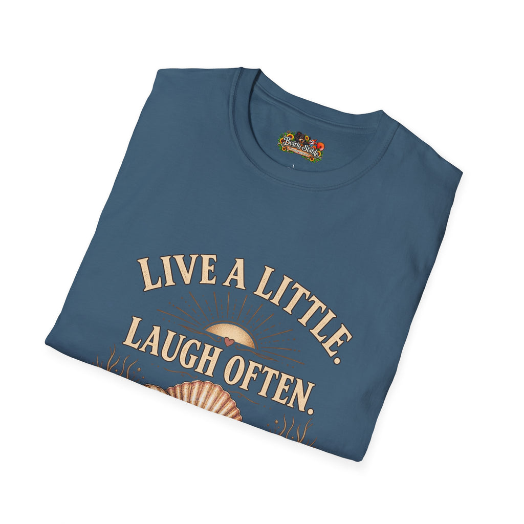 Live a Little Laugh Often Find More Shells T-Shirt – Beachy Seashell Retro Tee