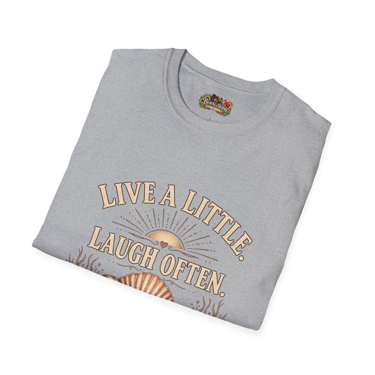 Live a Little Laugh Often Find More Shells T-Shirt – Beachy Seashell Retro Tee