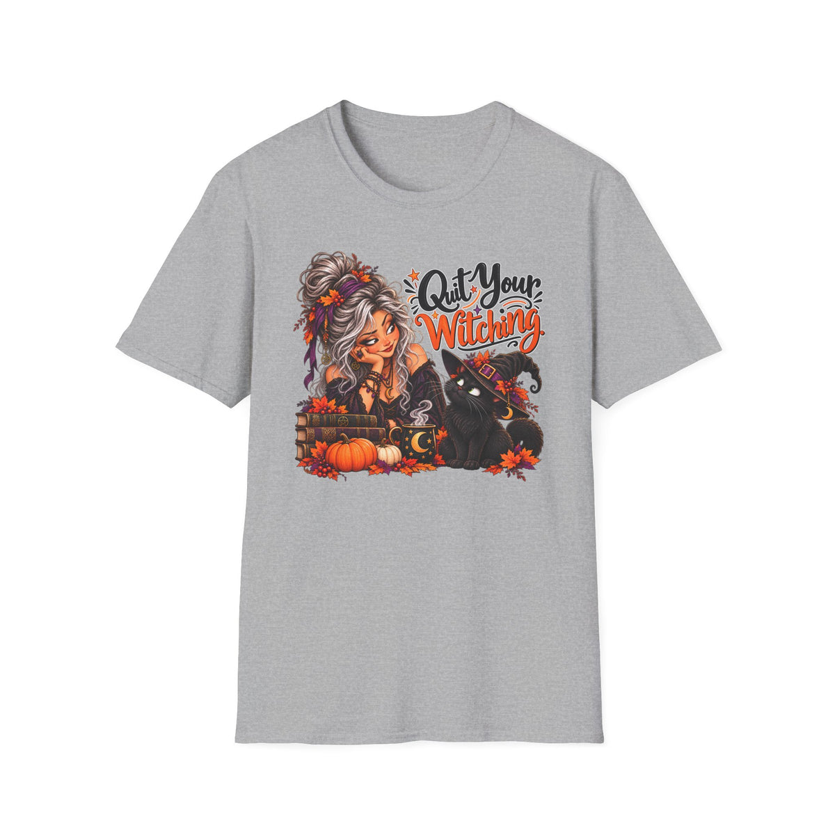 Quit Your Witching T-Shirt – Halloween Witch & Black Cat Pumpkin Tee