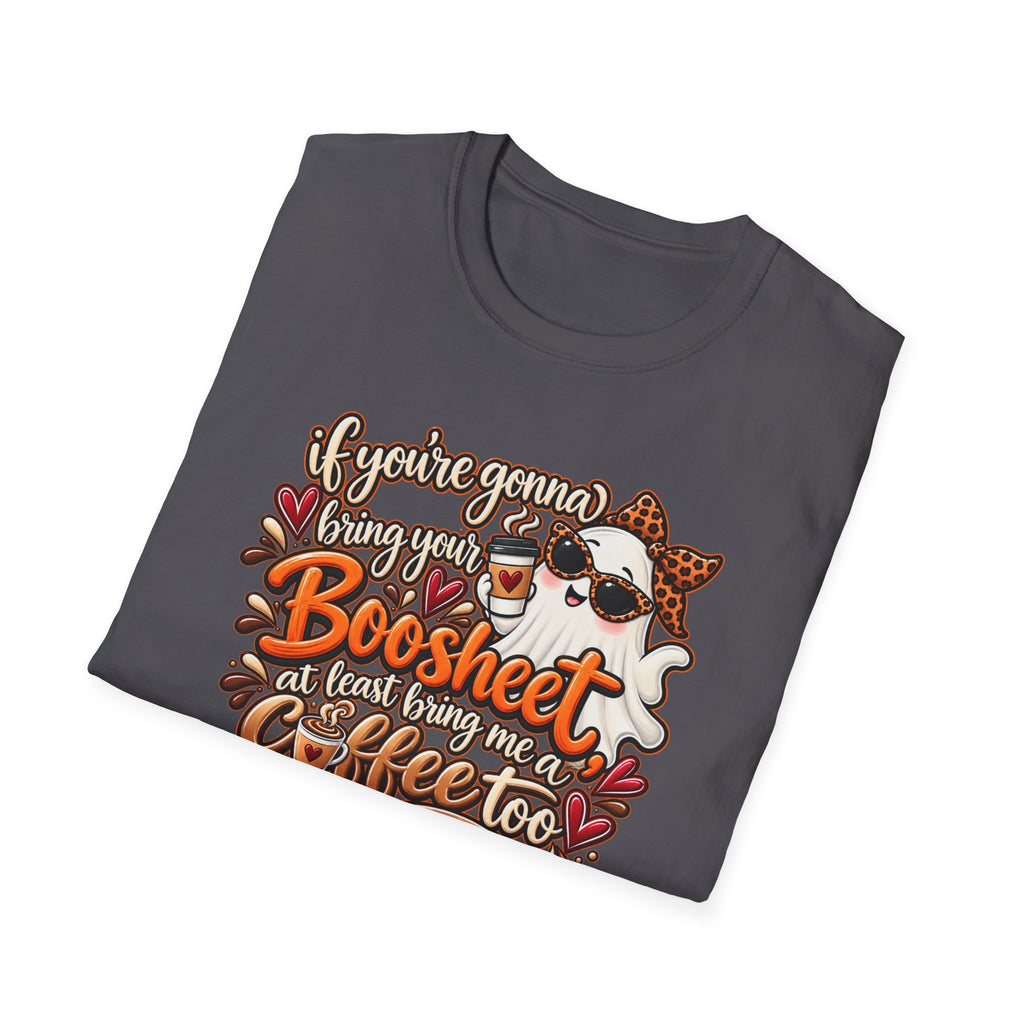 Ghost and Coffee Ghost Graphic Tee — “if you're gonna bring your boosheet, at least bring me a coffee too”