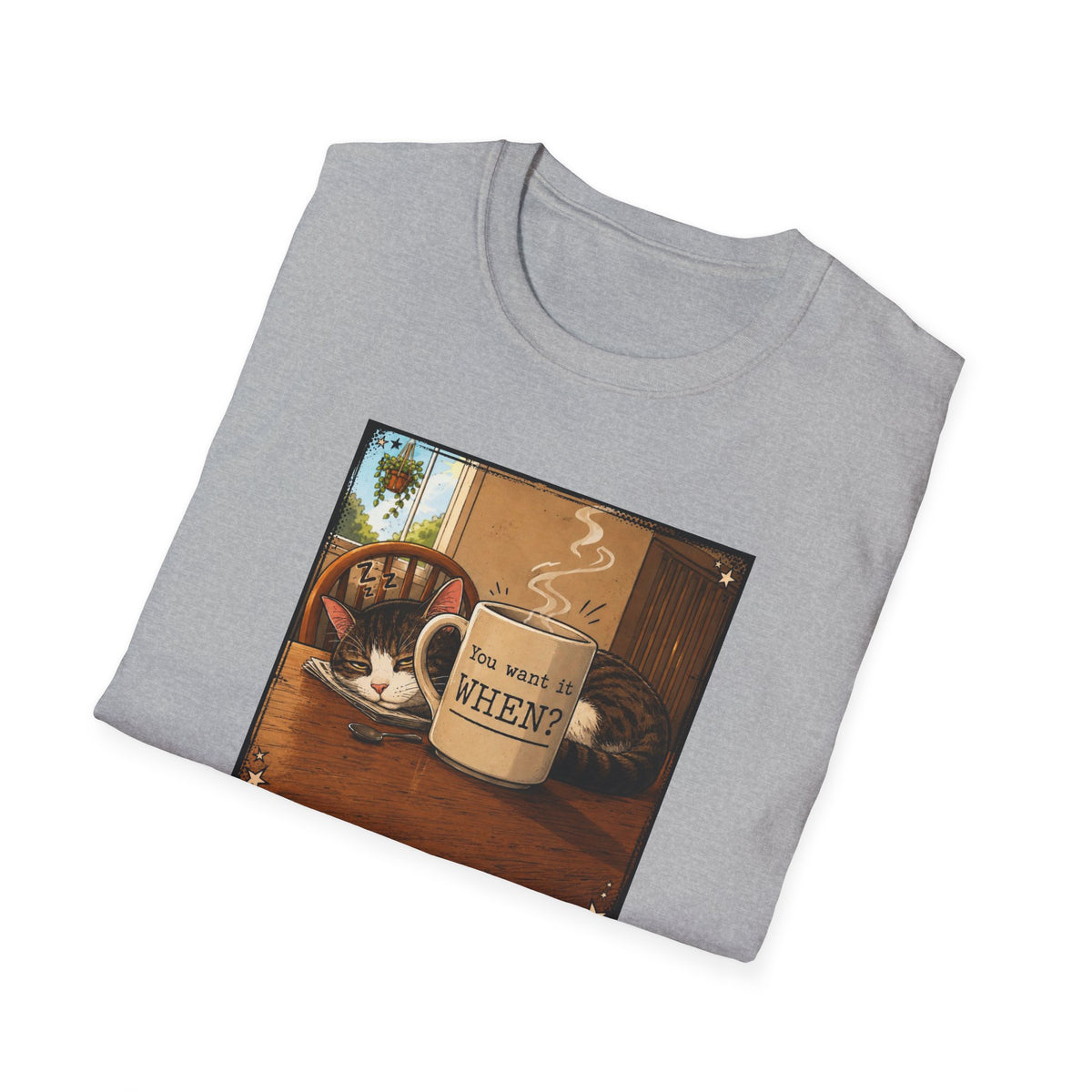 Coffee & Cat T‑Shirt — "You want it WHEN?" Vintage Cozy Mug Tee