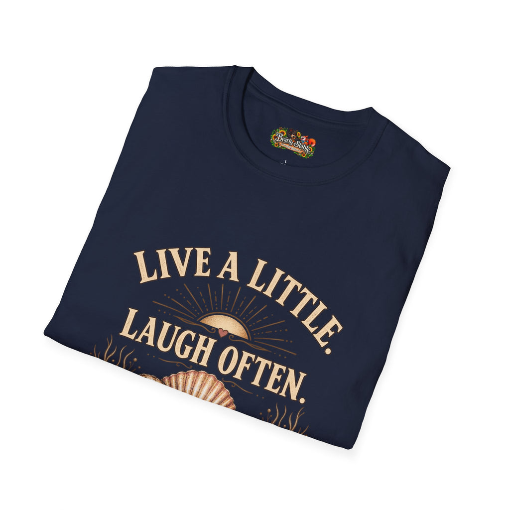 Live a Little Laugh Often Find More Shells T-Shirt – Beachy Seashell Retro Tee