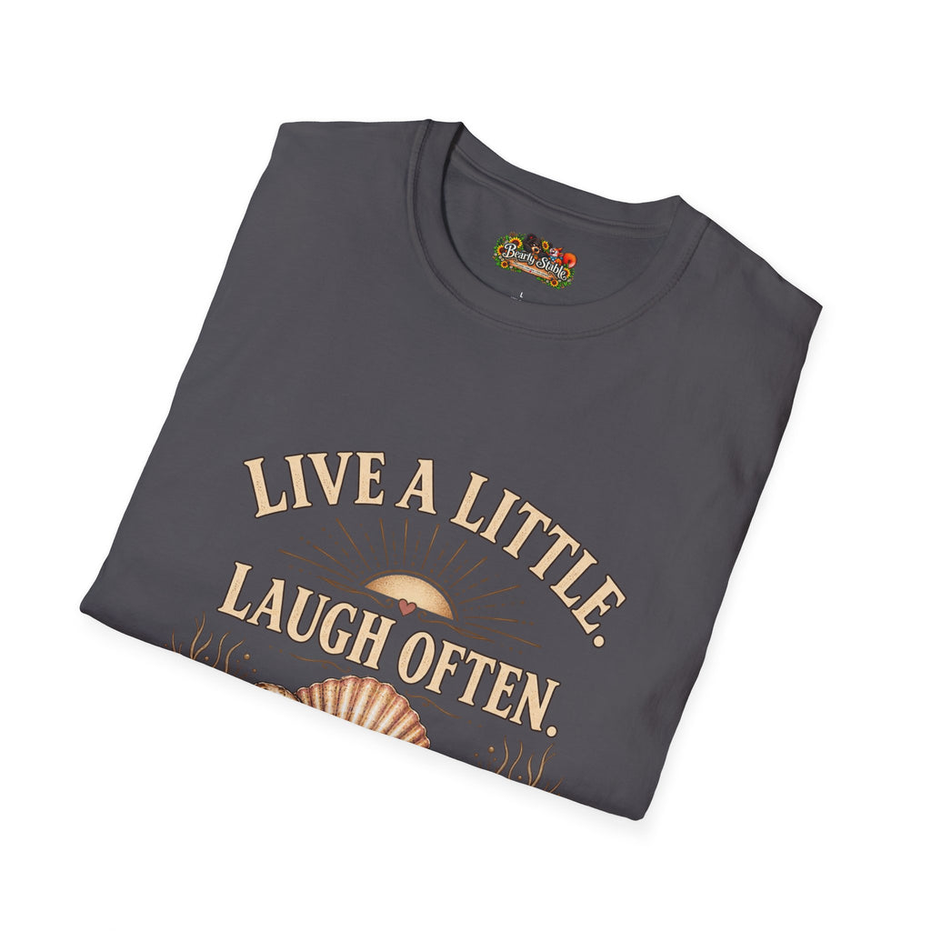 Live a Little Laugh Often Find More Shells T-Shirt – Beachy Seashell Retro Tee