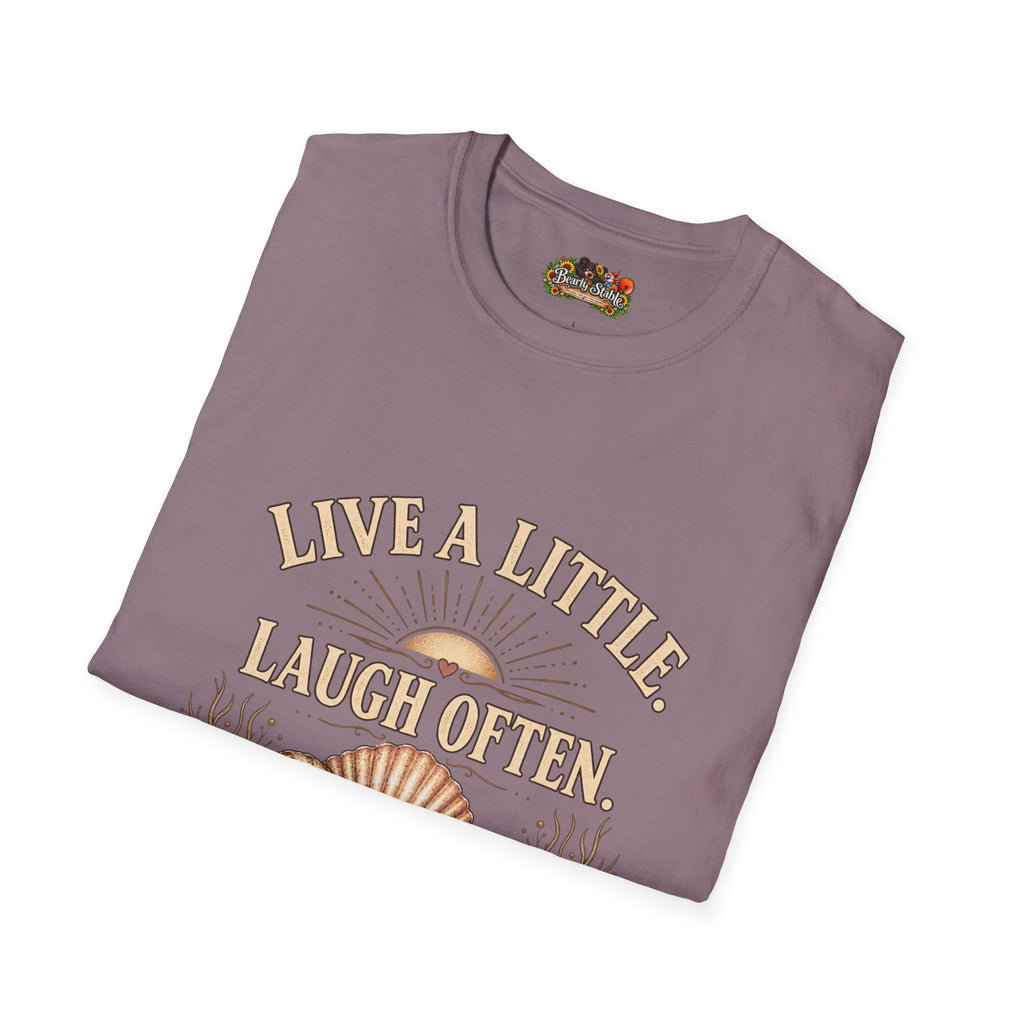 Live a Little Laugh Often Find More Shells T-Shirt – Beachy Seashell Retro Tee