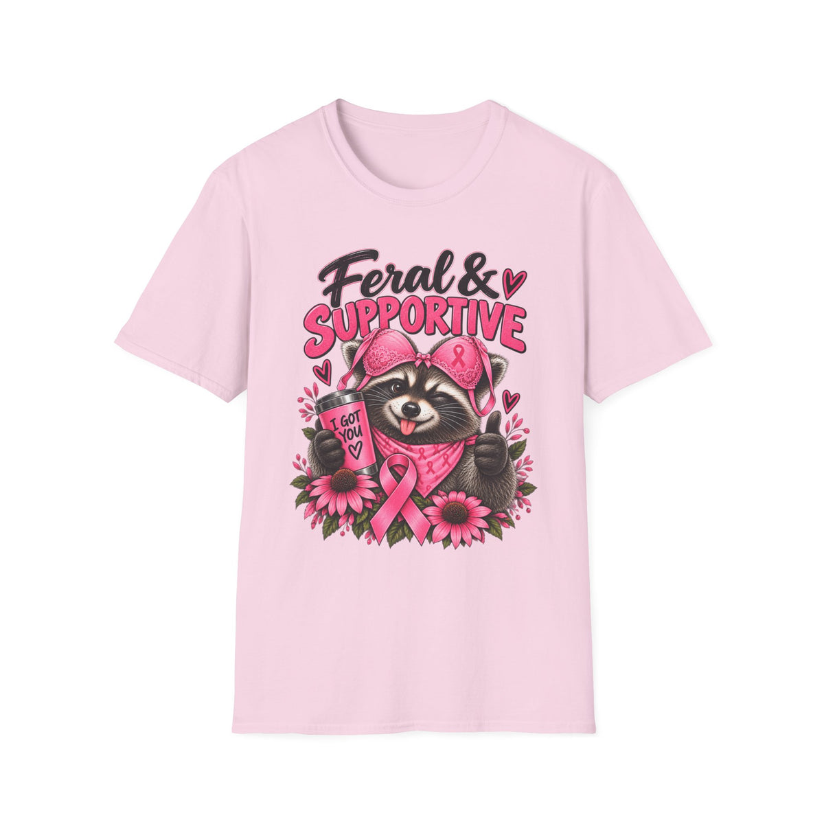 Feral & Supportive Raccoon Breast Cancer Awareness T-Shirt