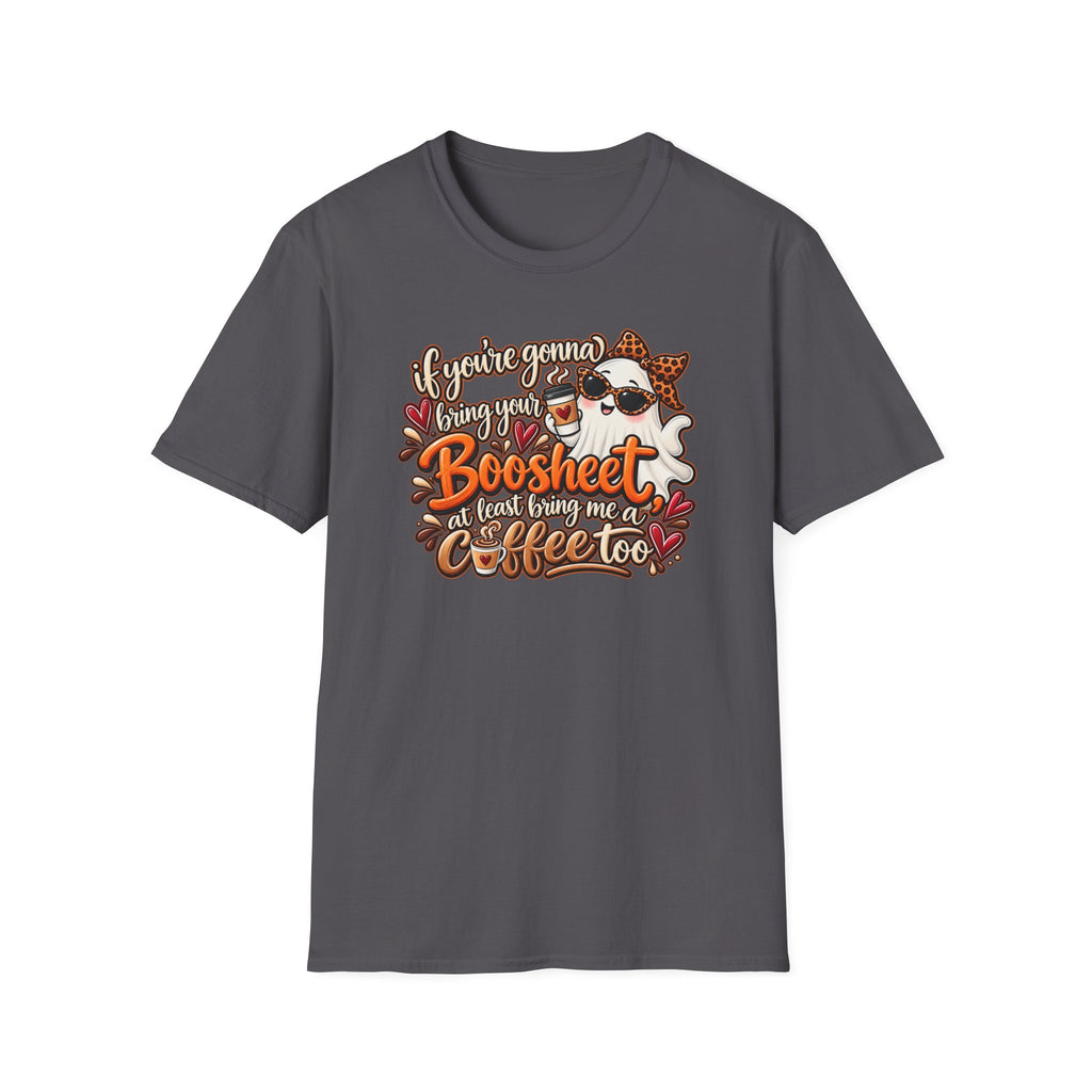Ghost and Coffee Ghost Graphic Tee — “if you're gonna bring your boosheet, at least bring me a coffee too”