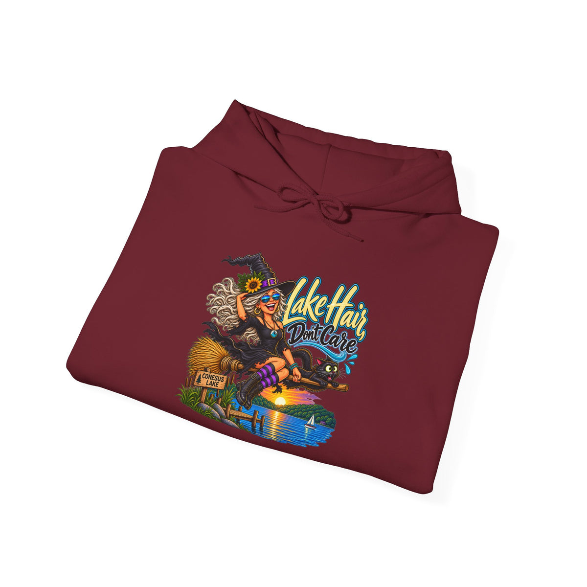 Lake Hair Hoodie - Witch & Lake Sunset Graphic Hooded Sweatshirt