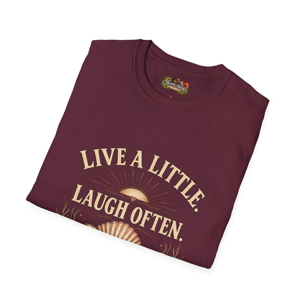 Live a Little Laugh Often Find More Shells T-Shirt – Beachy Seashell Retro Tee