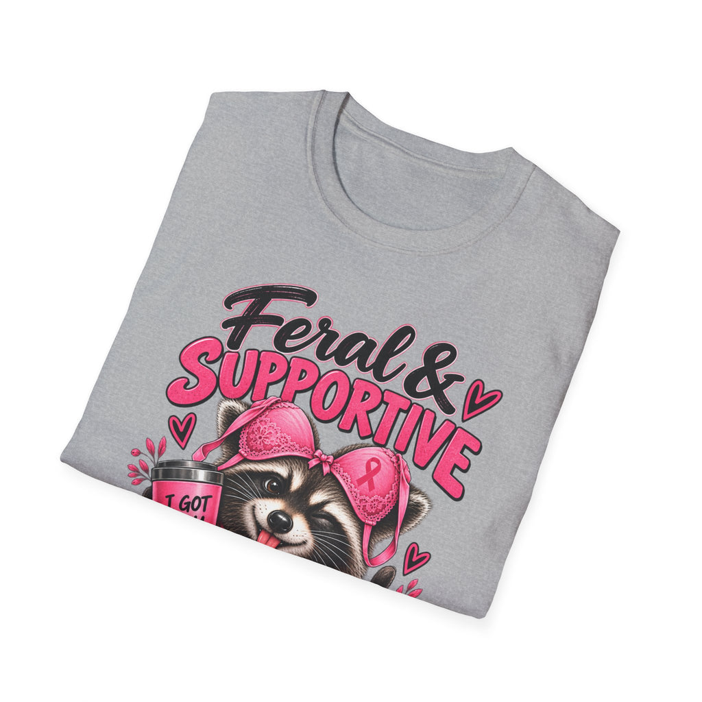 Feral & Supportive Raccoon Breast Cancer Awareness T-Shirt