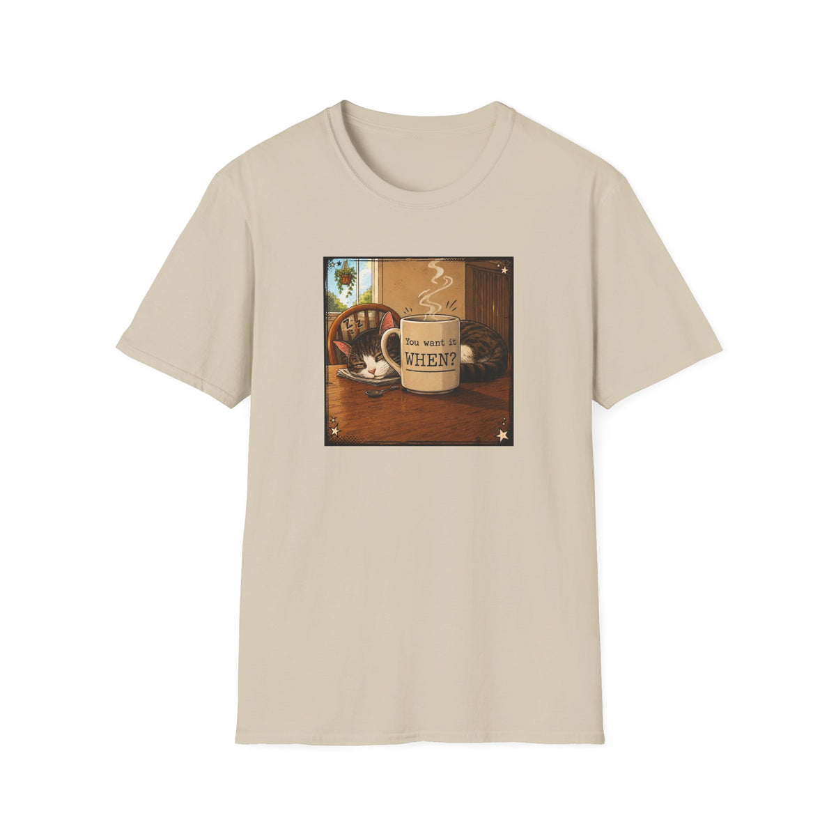 Coffee & Cat T‑Shirt — "You want it WHEN?" Vintage Cozy Mug Tee