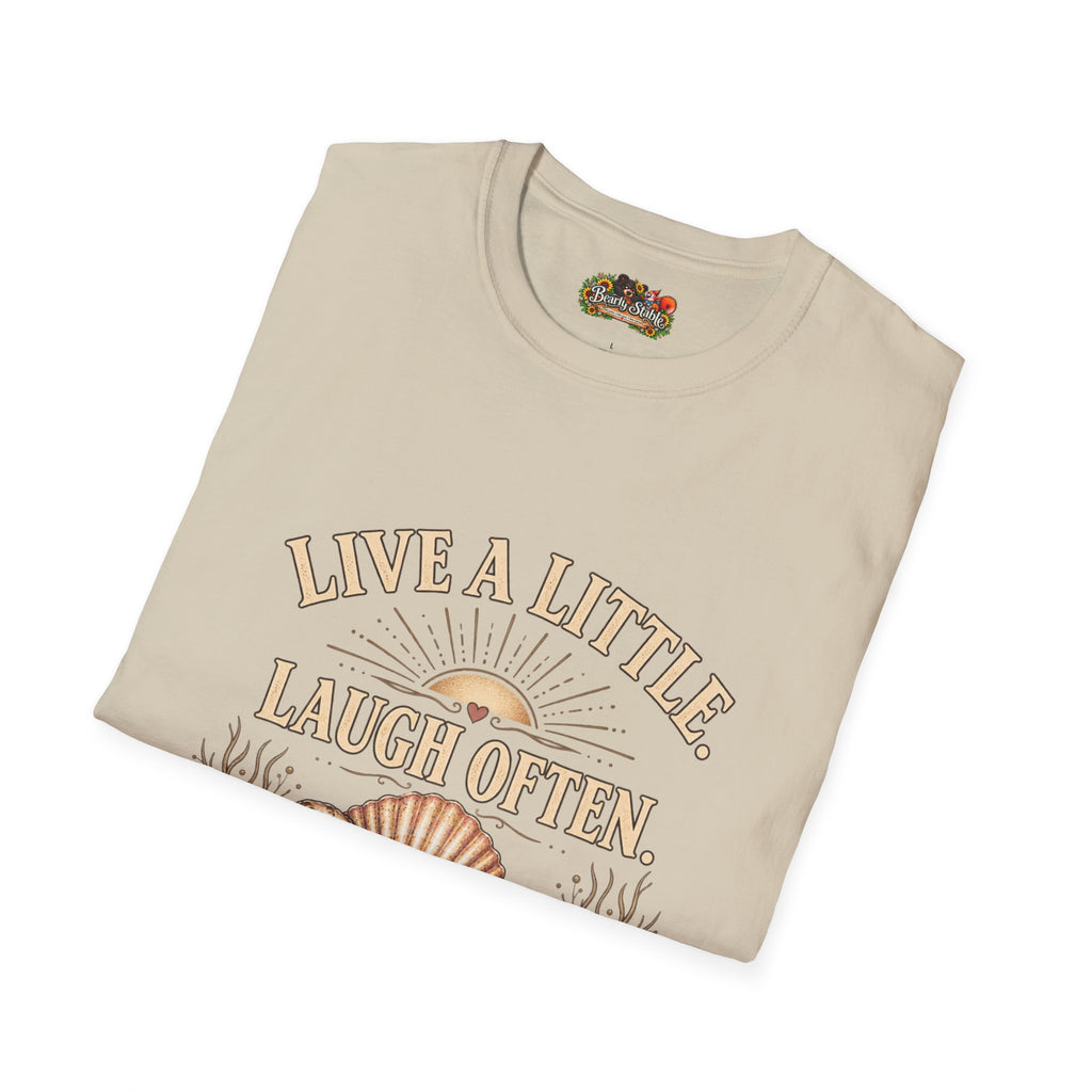 Live a Little Laugh Often Find More Shells T-Shirt – Beachy Seashell Retro Tee