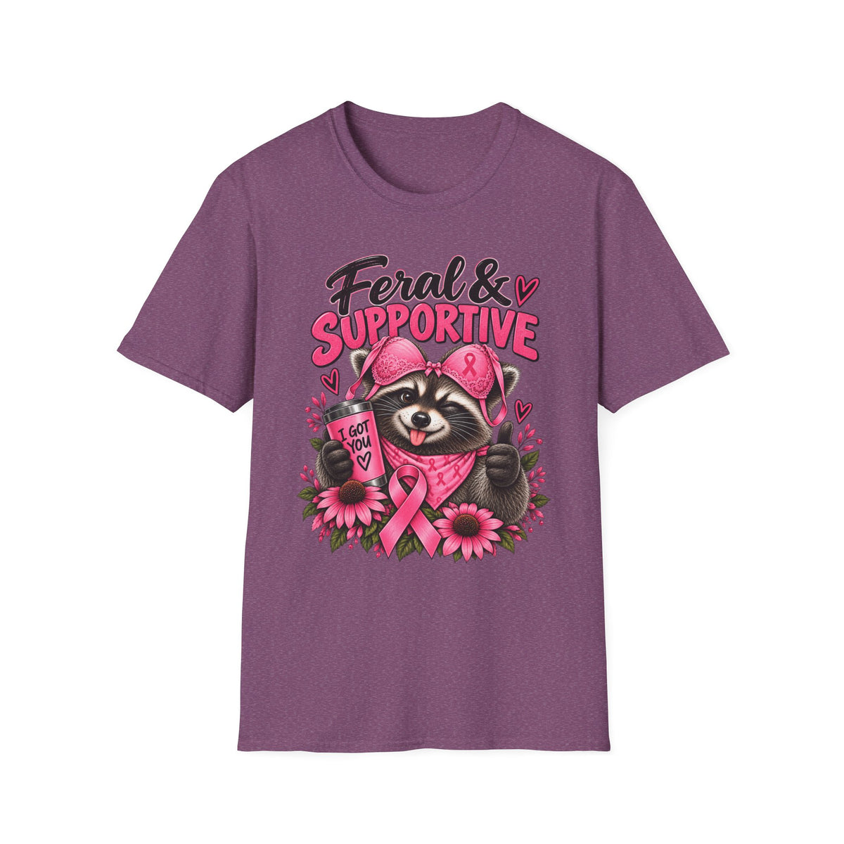 Feral & Supportive Raccoon Breast Cancer Awareness T-Shirt
