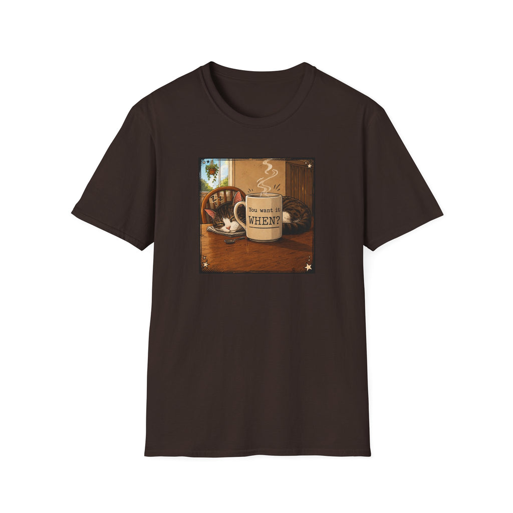 Coffee & Cat T‑Shirt — "You want it WHEN?" Vintage Cozy Mug Tee