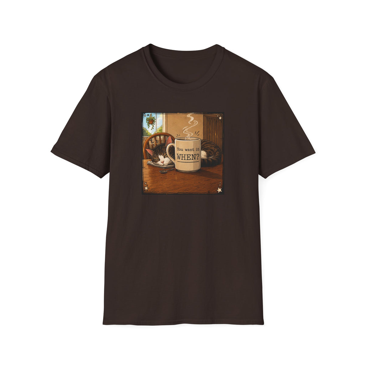 Coffee & Cat T‑Shirt — "You want it WHEN?" Vintage Cozy Mug Tee