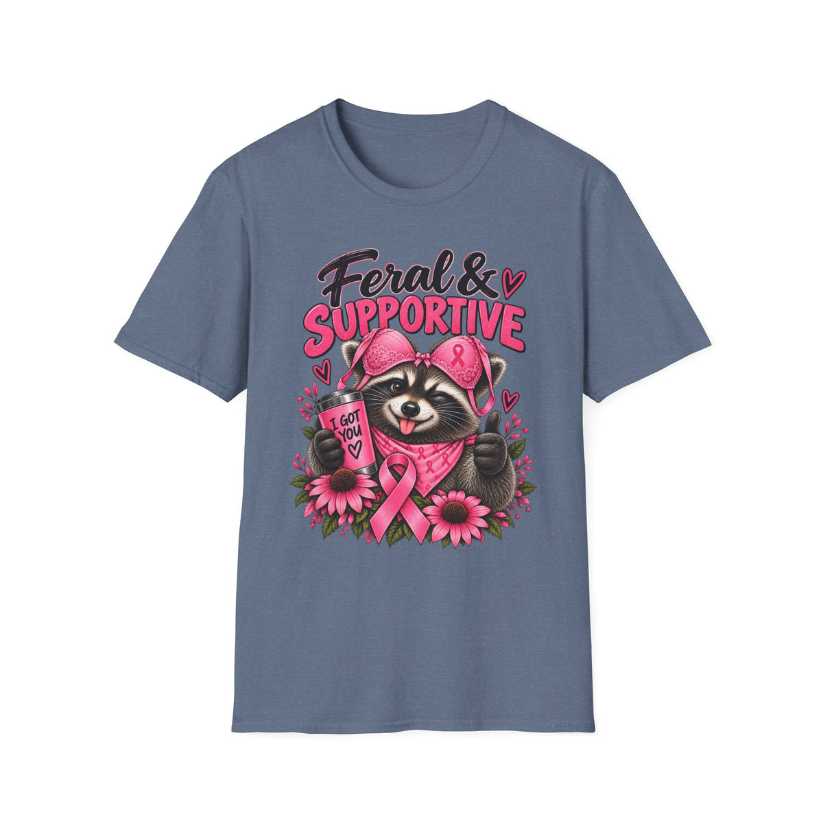 Feral & Supportive Raccoon Breast Cancer Awareness T-Shirt