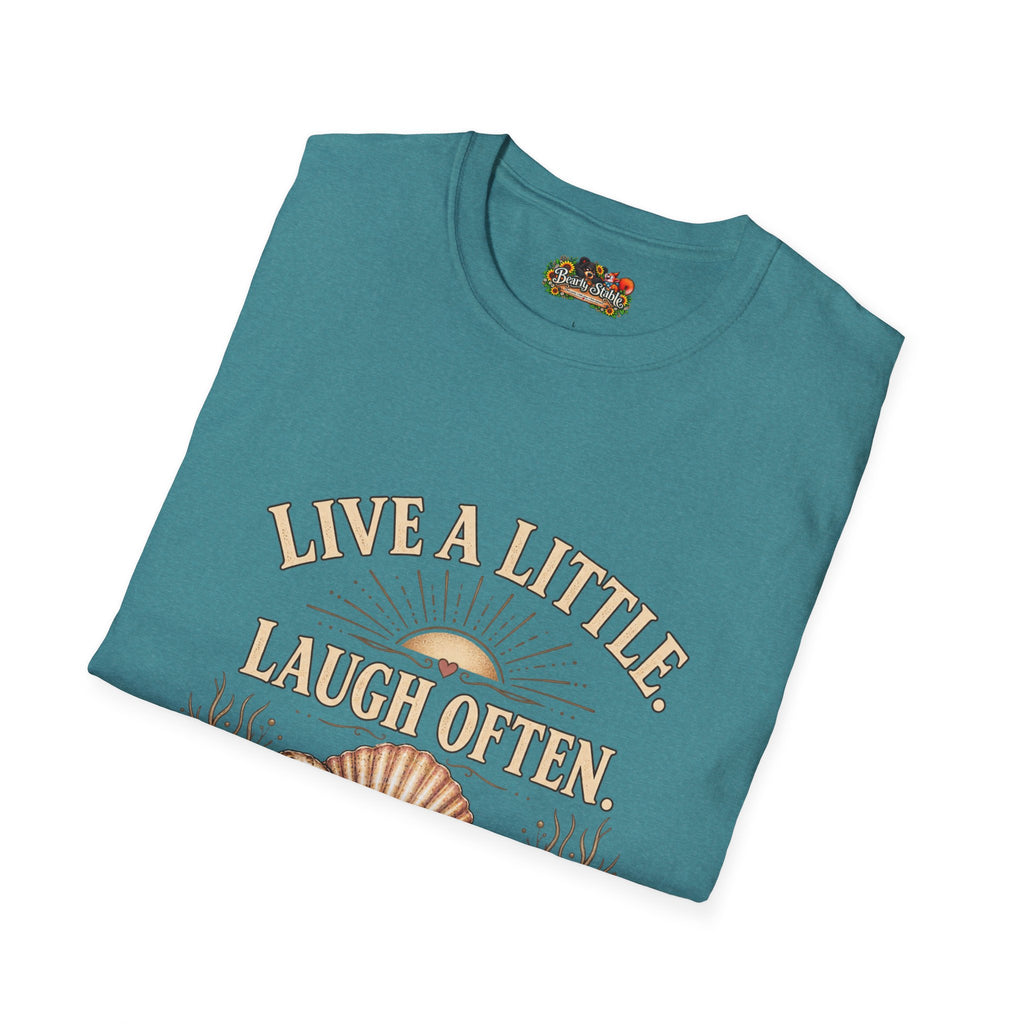 Live a Little Laugh Often Find More Shells T-Shirt – Beachy Seashell Retro Tee